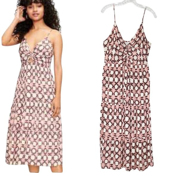 LOFT Sun Washed Floral Twist Tiered Midi Sundress Brown and Pink Women’s Size 12 - Picture 1 of 10